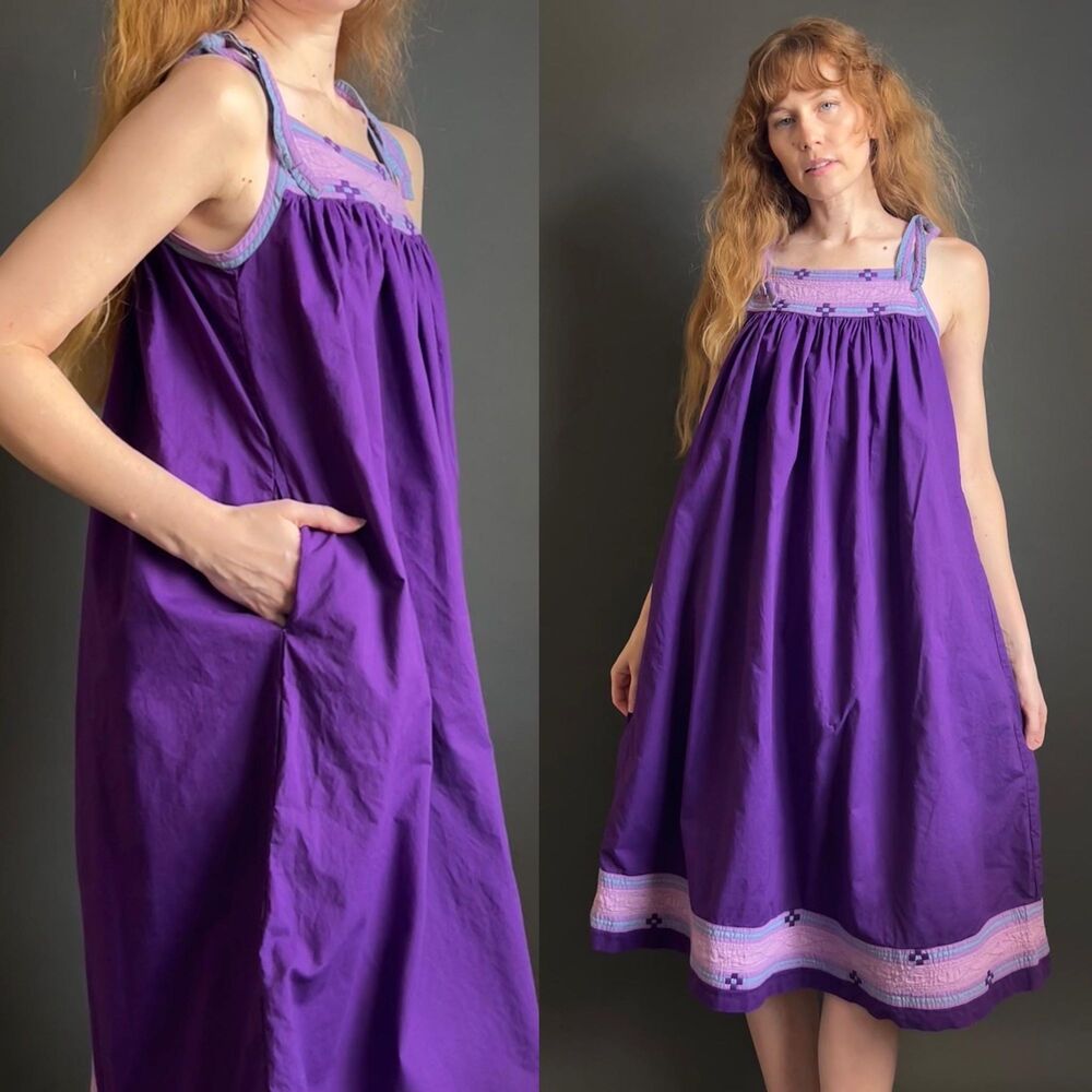 Vintage 1980s Purple Cotton Smock Dress, Small Medium
